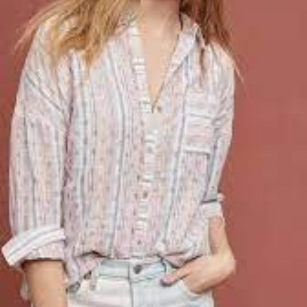 Anthropologie  Maeve Breckinridge  Red Blue Striped Button Down Shirt  Medium